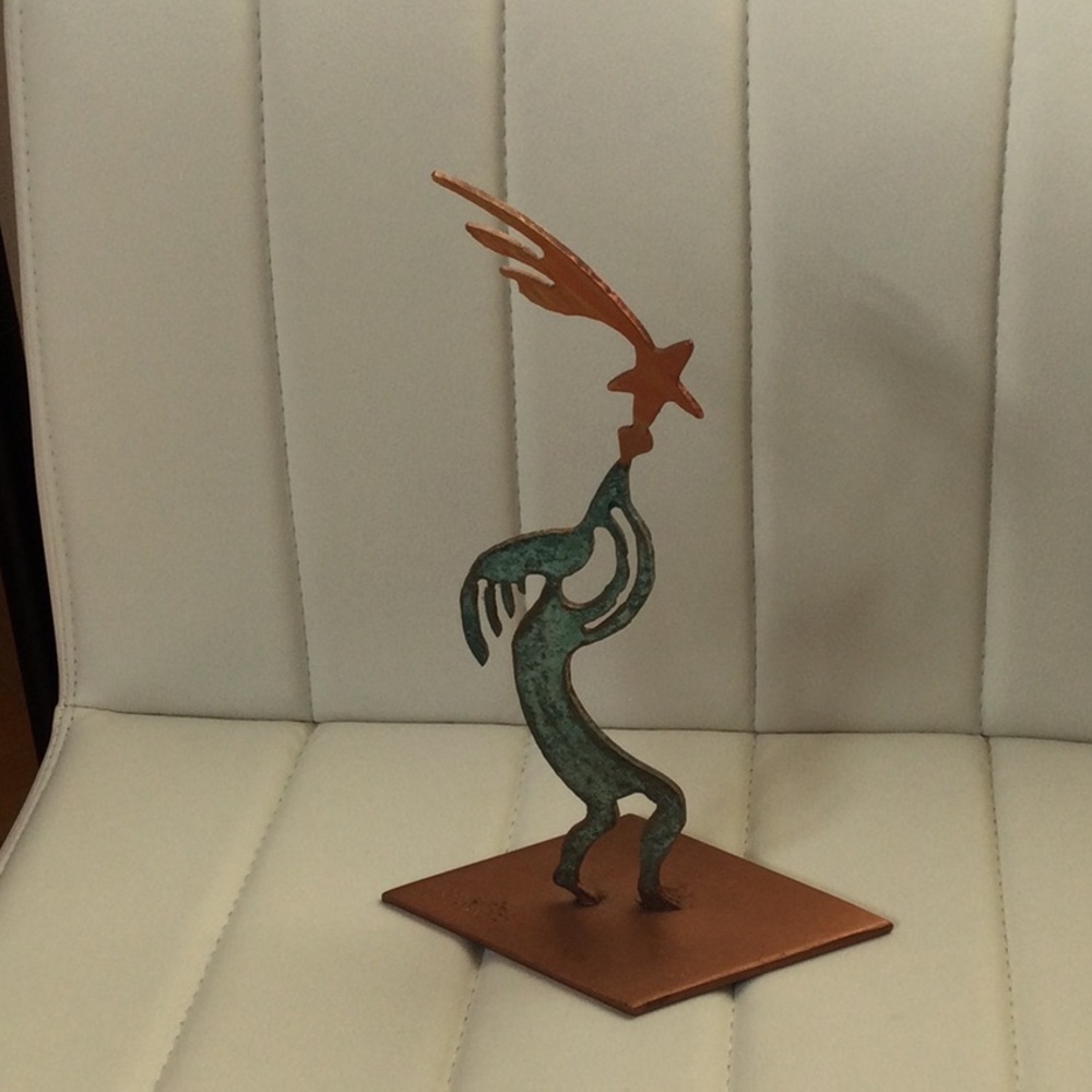 EUC Abstract Kokopelli Metal Sculpture with Copper and Green Finish Signed
